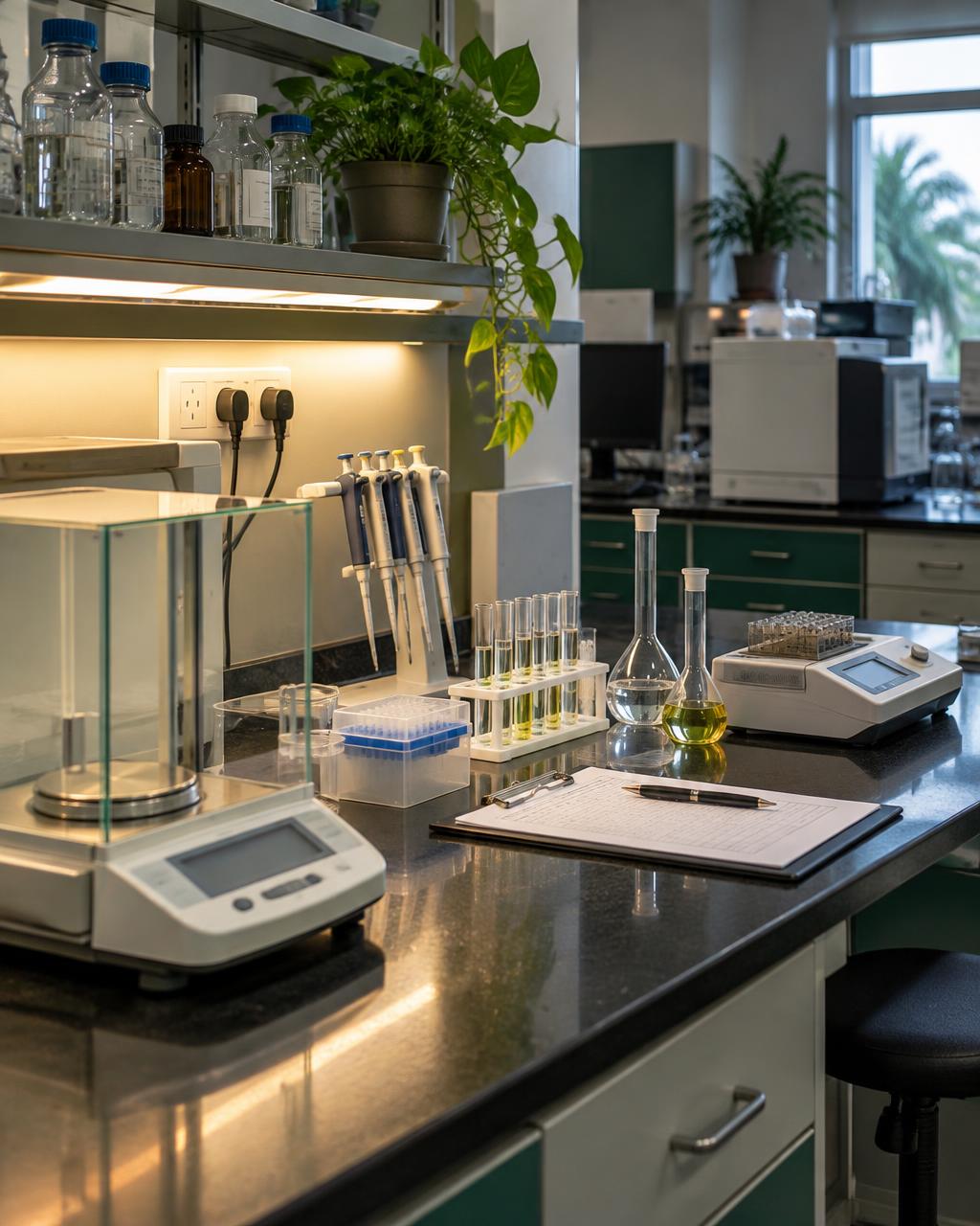 Organized laboratory bench with scientific instruments, glassware and measurement equipment